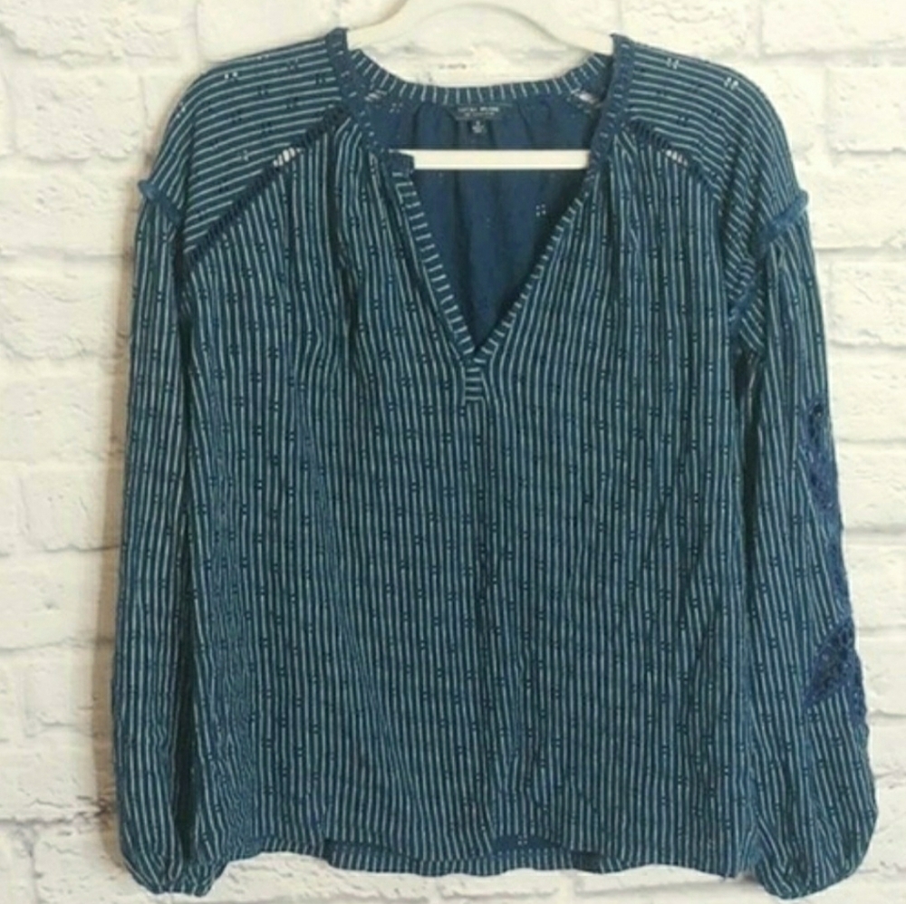 Lucky‎ Brand SM Peasant Blouse Eyelet Crochet Stripe Cotton Boho Cottagecore SM